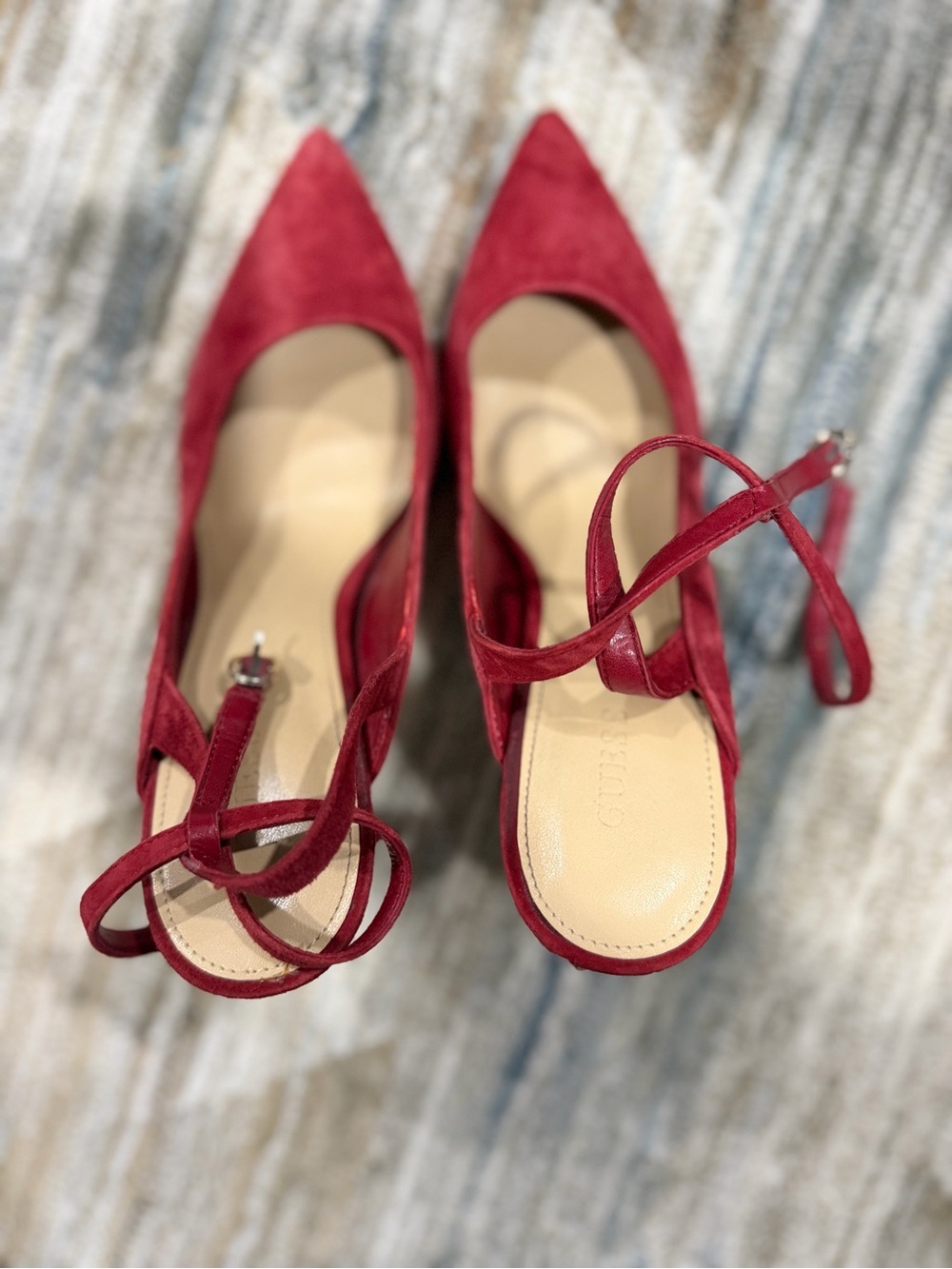 Guess Burgundy Suede Pointed-Toe Ankle-Strap Heels